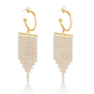 Boucles d'Oreilles Pendantes Longues à Franges en Alliage de Strass Rétro pour Femmes Or Argent Bijoux Élégants de Fête