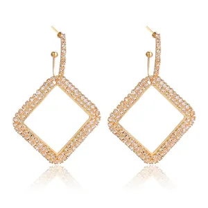 Luxury Alloy Full Rhinestone Tassel Dangle Earrings Vintage Long Geometric Rhombus Fringe Drop Earrings For Women Party Jewelry