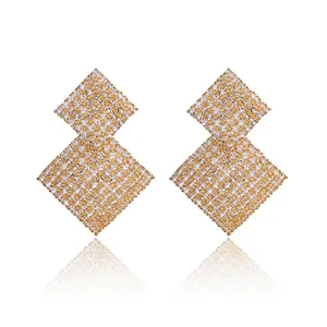 Boucles d'Oreilles Luxueuses en Alliage à Gland avec Strass pour Femmes Vintage Double Losange Longues Tombantes pour Fête Mariage Bijoux