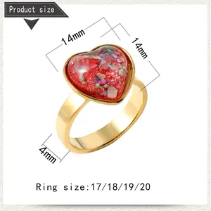 Detailed size guide for gold heart ring showing 14mm dimensions and sizes 17 to 20
