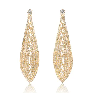 Luxurious Alloy Rhinestone Long Tassel Dangle Earrings For Women Gold Silver Marquise Cut Pave Statement Jewelry For Banquet Wedding