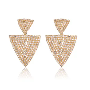 Luxury Alloy Geometric Marquise Tassel Drop Earrings Full Rhinestone Pave Statement Nightclub Party Fashion Jewelry For Women