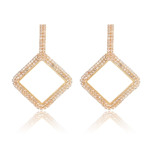 Elegant gold geometric dangle earrings featuring full rhinestone paving and rhombus drops