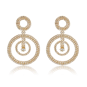 Elegant gold concentric circles drop earrings with white crystal pavé for women