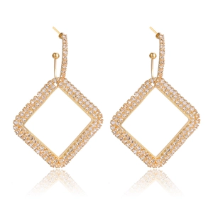 Elegant gold square drop earrings with shimmering micro-pave crystals on white background