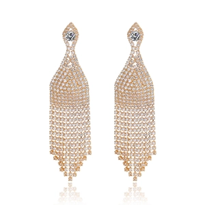 Sparkling long tassel rhinestone earrings with gold finish and dangling crystal chains