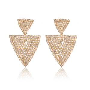 Sparkling geometric fringe earrings in gold-toned alloy with rhinestones on white base