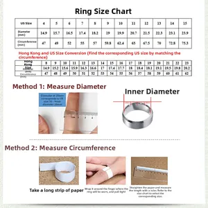 Detailed ring size chart with US and HK measurements for gold stainless steel rings