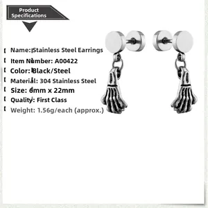 Detailed specs for 304 stainless steel skull hand earrings in black and steel tones