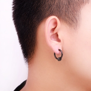 Men's punk black stainless steel hoop earring with coil detail for street style