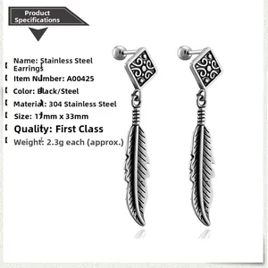 Macro shot of 304 stainless steel feather earrings with geometric diamond-shaped design