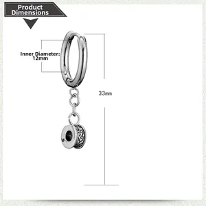Silver stainless steel hoop earring with engraved round bead charm and 33mm size dimension