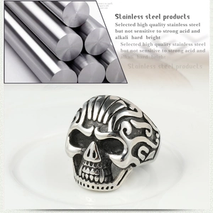 Retro stainless steel skull ring with intricate relief patterns and vintage silver finish