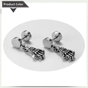 Gothic skull hand punk earrings in silver stainless steel for men's hip hop fashion style