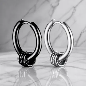 Boucles d'oreilles hip hop minimalistes pour hommes en acier inoxydable noir et argent