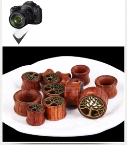 Macro detail of wooden ear plugs with vintage bronze tree of life metal inlay