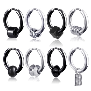 Men's hip-hop stainless steel earrings set with geometric pendants in black and silver