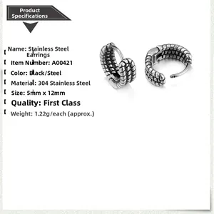 Technical dimensions of 304 stainless steel hoop earring with textured ridge design