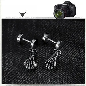 Hip hop skull hand dangle earrings in vintage silver stainless steel for men