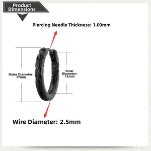 Detail of black stainless steel hoop earring with dimensions 17mm and engraved pattern