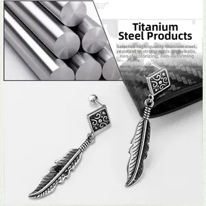 Macro detail of titanium steel feather earrings with vintage textured square top studs