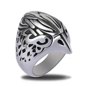 Vintage Eagle Head Stainless Steel Ring For Men Gothic Punk Biker Antique Silver Animal Engraved Statement Finger Ring