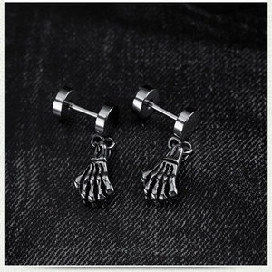 Punk gothic skeleton hand earrings in black titanium steel with a detailed bone design