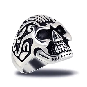 Vintage Gothic Skull Ring For Men Titanium Steel Punk Rock Biker Ring Antique Silver Detailed Carved Halloween Ring Jewelry