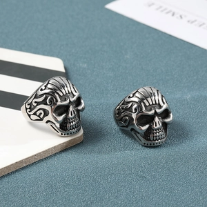 Retro stainless steel skull ring with vintage floral carvings for gothic punk jewelry style
