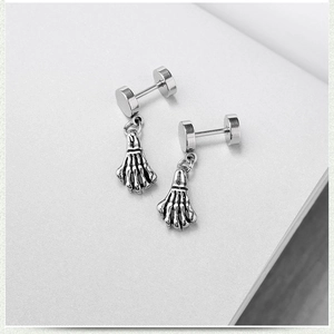 Retro stainless steel hoop earrings featuring skeleton hand pendants and barbell clasps