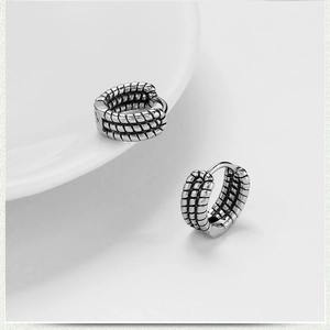 Retro stainless steel hoop earrings with woven rope texture for men in antique silver finish