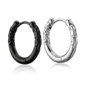 Vintage Titanium Steel Hoop Earrings For Men Retro Embossed Cloud Pattern Stainless Steel Ear Buckle Trendy Hip Hop Jewelry