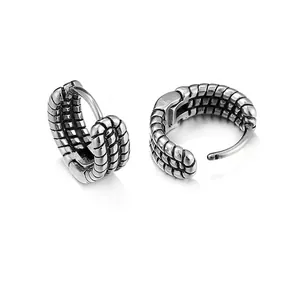 Retro style titanium steel hoop earrings with textured weave pattern and hinged closure
