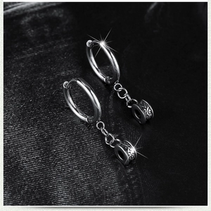 Hypoallergenic titanium steel hoop earrings with vintage cylinder pendants and silver polish