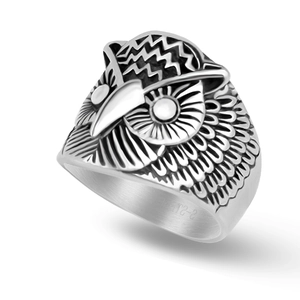 Vintage stainless steel owl ring with antique silver finish and detailed relief carving