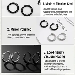 Titanium steel hoop earrings set with minimalist black and vintage engraved patterns