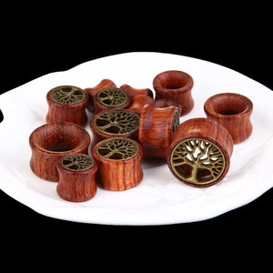 Retro wooden ear plugs with bronze Tree of Life inlay displayed in a white shell dish