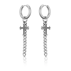 Boucles d'Oreilles Créoles avec Pendentif Croix en Acier Titane Punk Gothique pour Hommes Femmes Longue Chaîne à Franges Bijoux