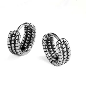 Unisex Titanium Steel Textured Hoop Earrings Retro Punk Style Ridged Huggie Ear Buckle Silver Color Fashion Jewelry Accessories