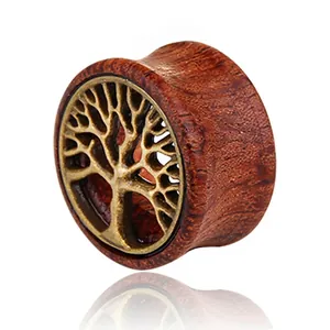 Retro wood ear gauge plug with bronze tree of life inlay and double flare design