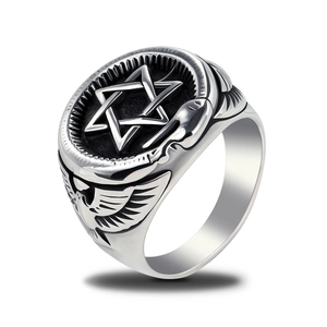 Anello da uomo vintage in acciaio con stella di David e dettagli di ali d'aquila