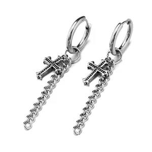 Boucles d'oreilles créoles en acier inoxydable avec croix et chaîne en argent vintage