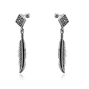 Vintage Stainless Steel Feather Drop Earrings For Men Women Retro Ethic Style Oxidized Silver Color Single Dangle Earring Jewelry