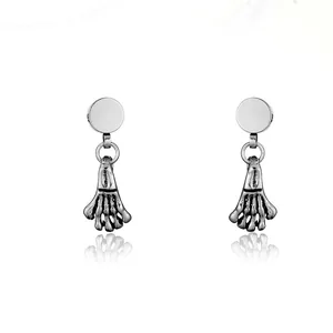 Polished stainless steel hoop earrings featuring gothic skull hand pendants in silver finish