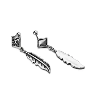 Vintage stainless steel hoop earrings with feather pendants and embossed patterns