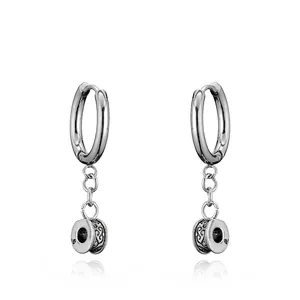 Unisex Stainless Steel Hoop Earrings With Vintage Scroll Cylinder Pendant Industrial Punk Jewelry For Men Women Accessory