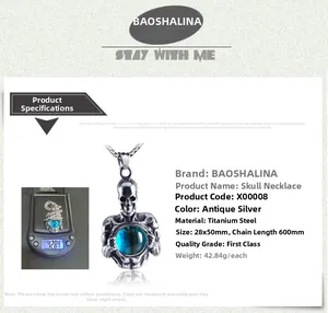 Specifications of vintage titanium steel skull pendant with blue stone and dimensions