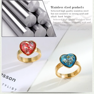 Gold plated stainless steel rings with colorful heart-shaped stones in red and blue