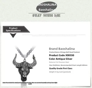 Detailed specs of retro 316L titanium steel bull head pendant with antique silver finish