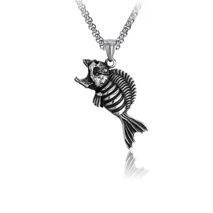 Vintage Piranha Fishbone Skeleton Pendant Necklace Hip Hop Punk Gothic Titanium Steel Jewelry For Men Boys No Chain Included
